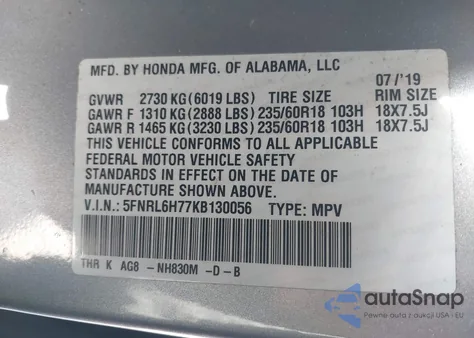 2019 Honda Odyssey Ex-L from USA, damaged, VIN 5FNRL6H77KB130056